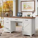 Halitaa Farmhouse 61'' Executive Desk with 5 Drawers, Rustic Office Desk Computer Desk with File Drawers and Storage Cabinet, Wood Workstation for Home Office and Study, Unique White