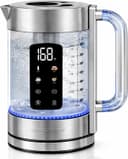 OVENTE Digital Glass Electric Tea Kettle 1.7L with Color-Changing LED Lights Temperature Control, Double-Wall Cool Touch, 4 Presets, Keep Warm, Tea Infuser & Boil-Dry Protection, Silver KGD913S